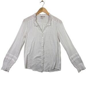 Faherty Womens Shirt XS Organic Cotton White Striped Ruffled Neck Button Up